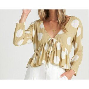 Billabong Beige & White Polka Dot Peplum Crop Top V-Neck Size L